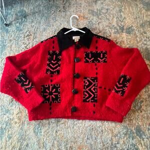 Vtg Sandy Starkman Red Black Appliqué Leather Art-to-Wear Sweater